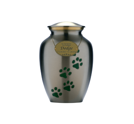 Brass Silver Urn With Jade Paw Print - Pets in Peace